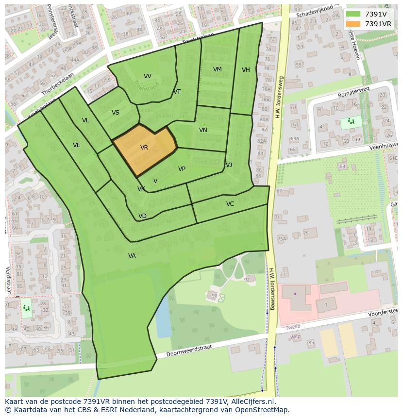 Afbeelding van het postcodegebied 7391 VR op de kaart.