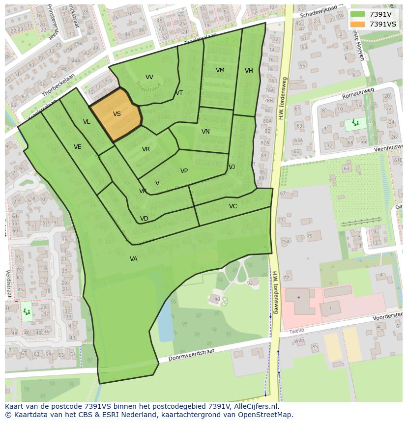 Afbeelding van het postcodegebied 7391 VS op de kaart.