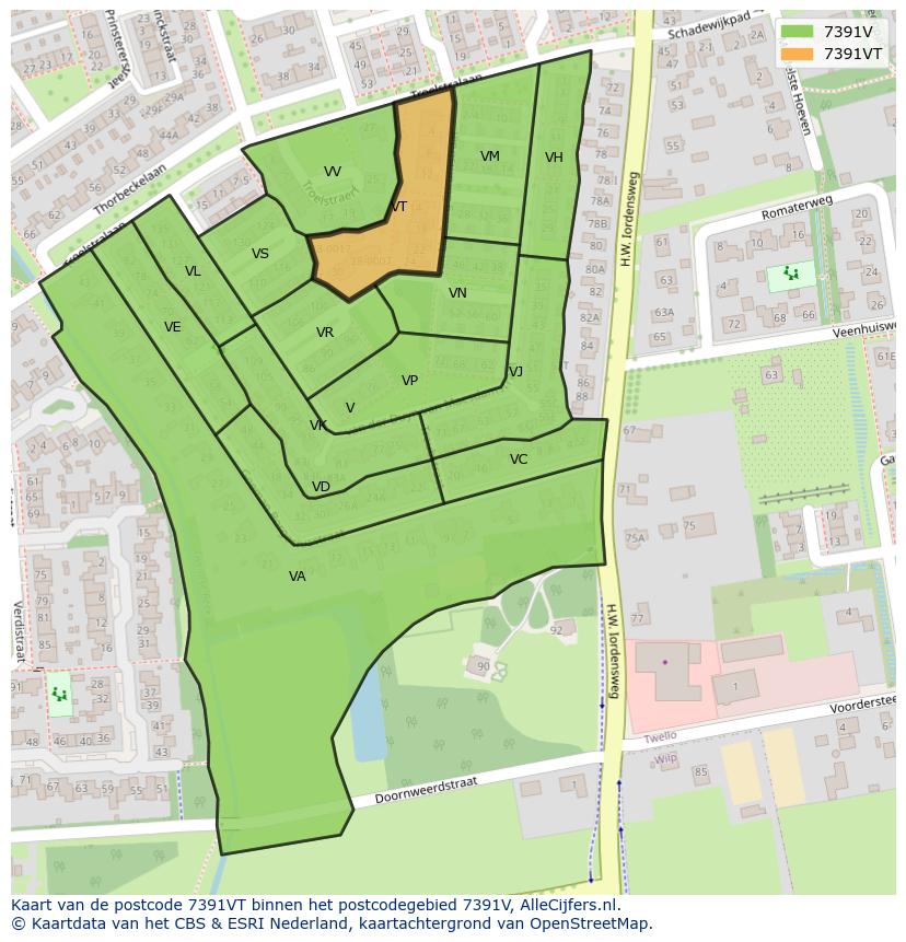 Afbeelding van het postcodegebied 7391 VT op de kaart.