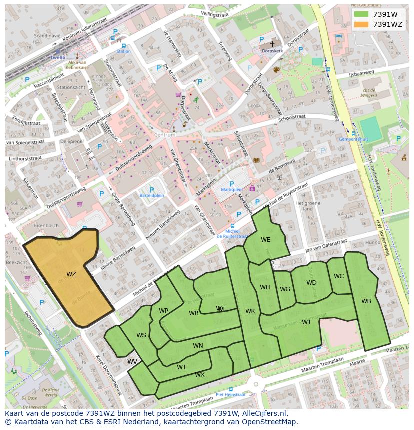 Afbeelding van het postcodegebied 7391 WZ op de kaart.