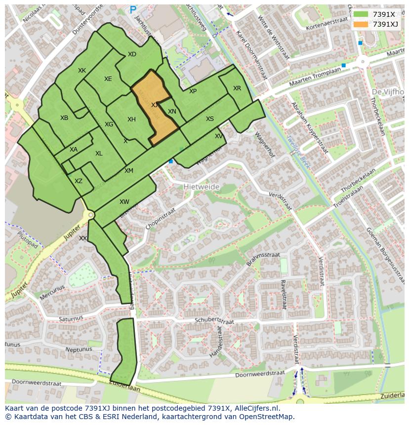 Afbeelding van het postcodegebied 7391 XJ op de kaart.