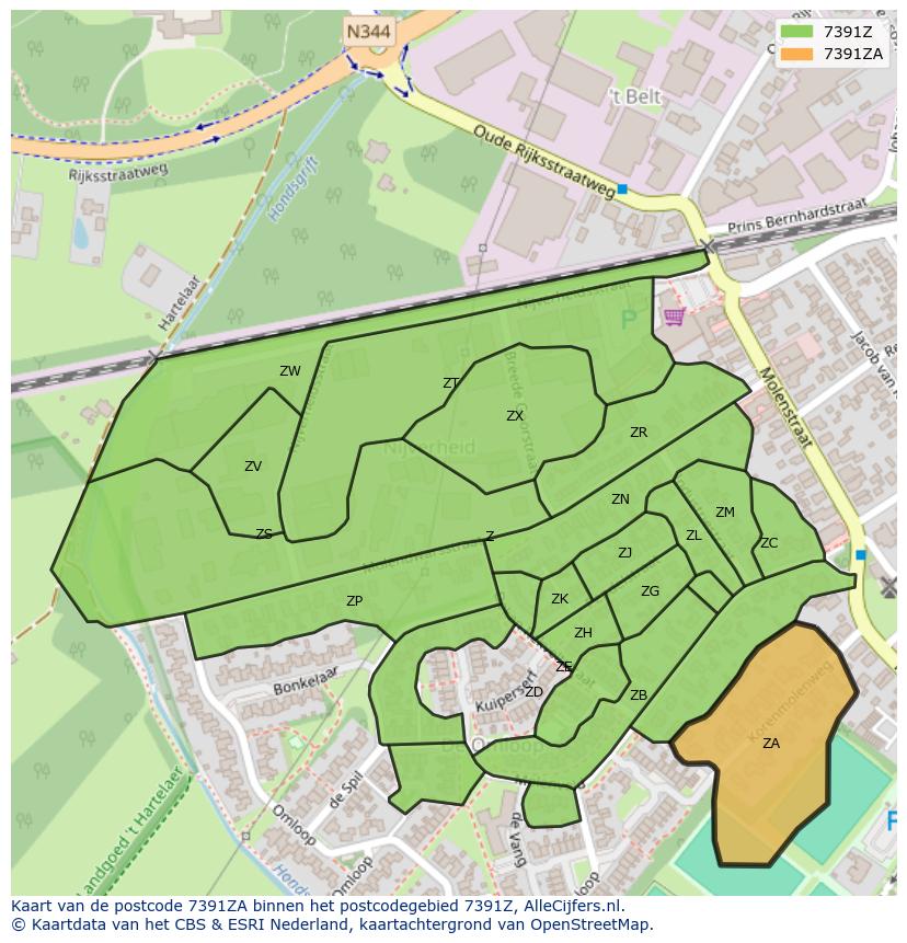 Afbeelding van het postcodegebied 7391 ZA op de kaart.
