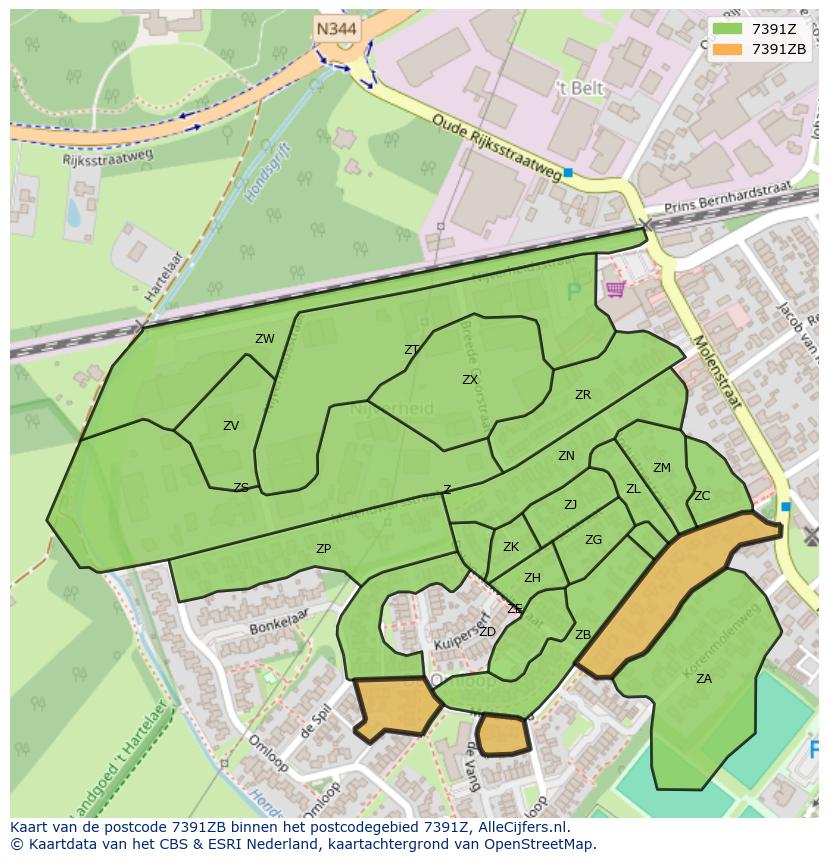 Afbeelding van het postcodegebied 7391 ZB op de kaart.