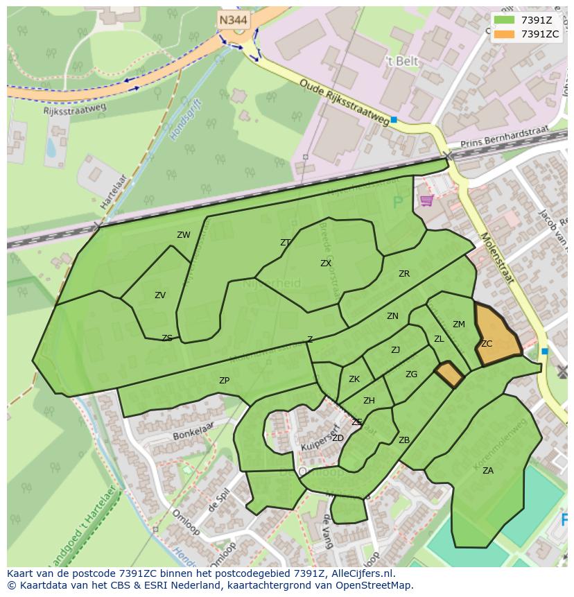 Afbeelding van het postcodegebied 7391 ZC op de kaart.