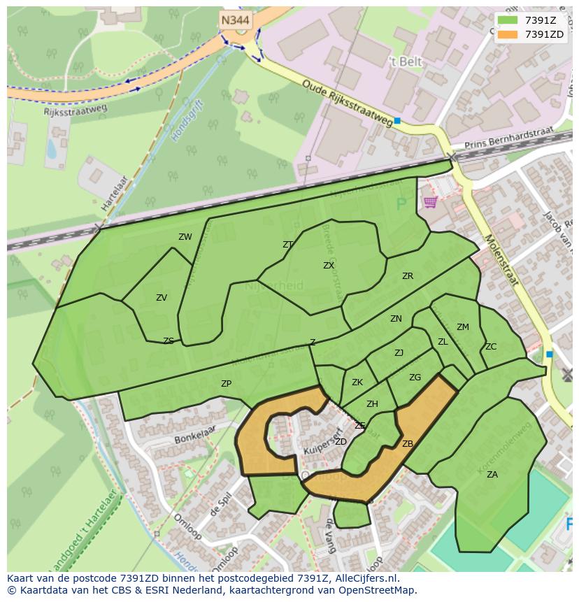 Afbeelding van het postcodegebied 7391 ZD op de kaart.