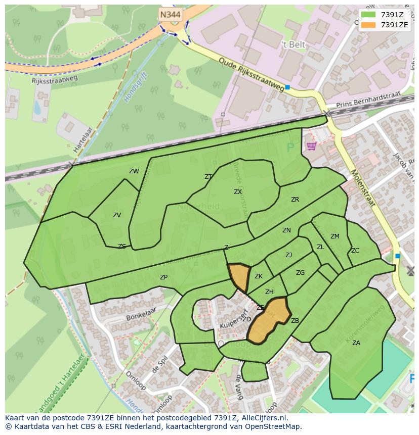 Afbeelding van het postcodegebied 7391 ZE op de kaart.