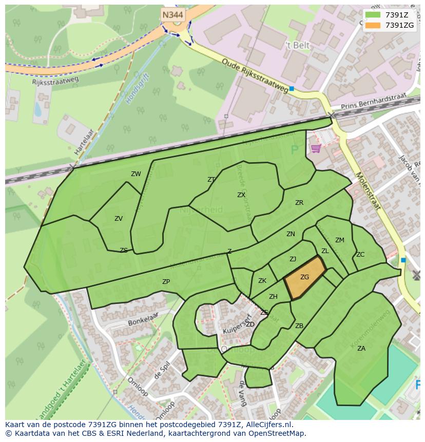Afbeelding van het postcodegebied 7391 ZG op de kaart.