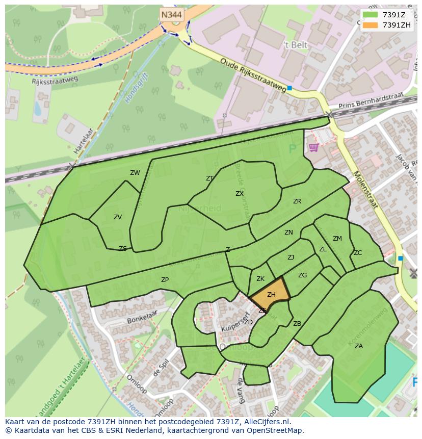 Afbeelding van het postcodegebied 7391 ZH op de kaart.