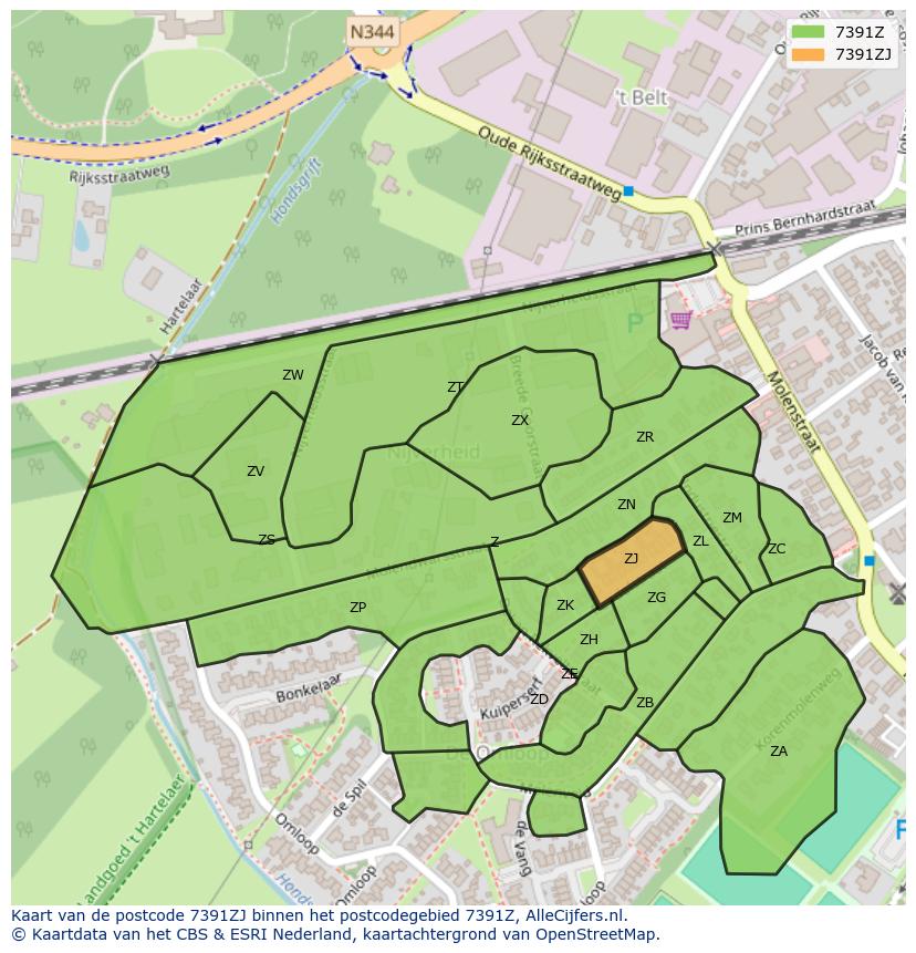 Afbeelding van het postcodegebied 7391 ZJ op de kaart.