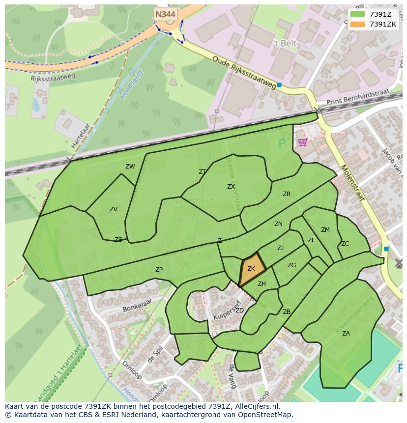 Afbeelding van het postcodegebied 7391 ZK op de kaart.