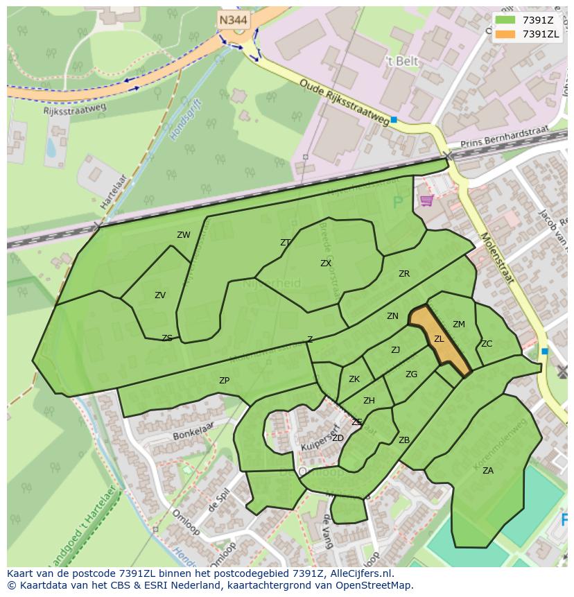 Afbeelding van het postcodegebied 7391 ZL op de kaart.