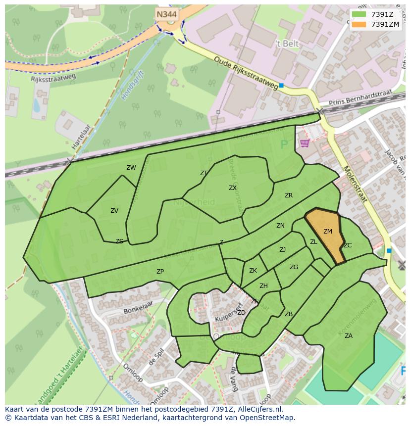 Afbeelding van het postcodegebied 7391 ZM op de kaart.