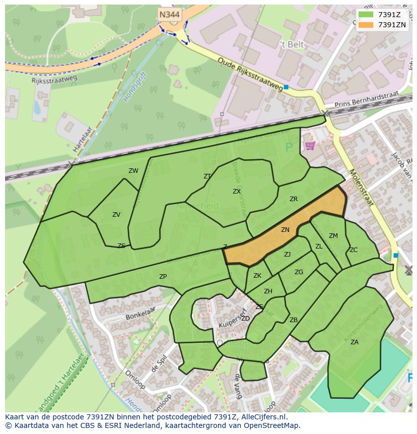 Afbeelding van het postcodegebied 7391 ZN op de kaart.