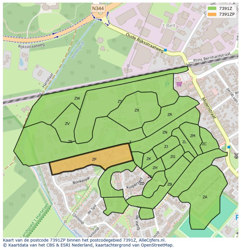 Afbeelding van het postcodegebied 7391 ZP op de kaart.