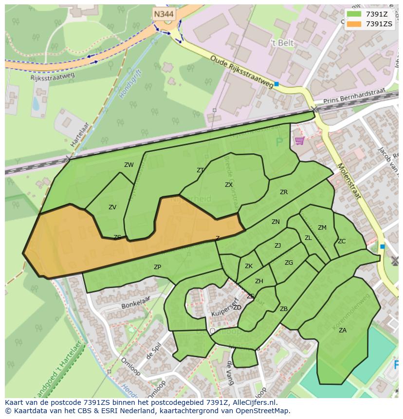 Afbeelding van het postcodegebied 7391 ZS op de kaart.