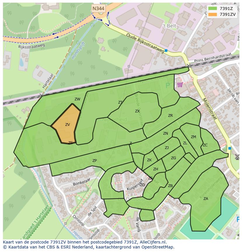 Afbeelding van het postcodegebied 7391 ZV op de kaart.