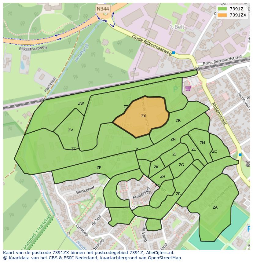 Afbeelding van het postcodegebied 7391 ZX op de kaart.