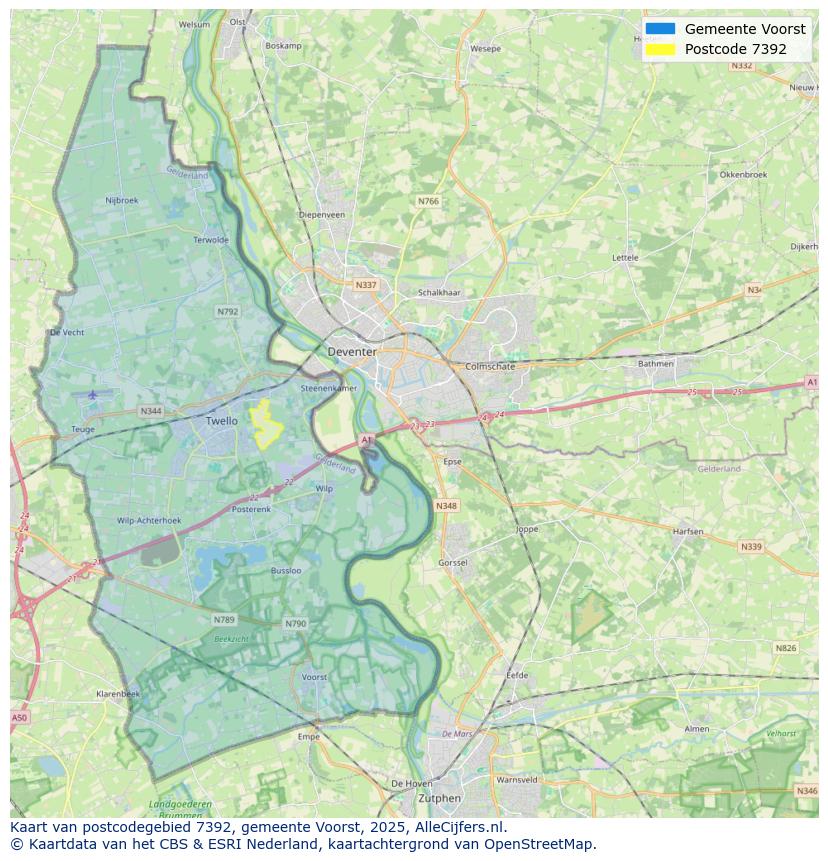 Afbeelding van het postcodegebied 7392 op de kaart.