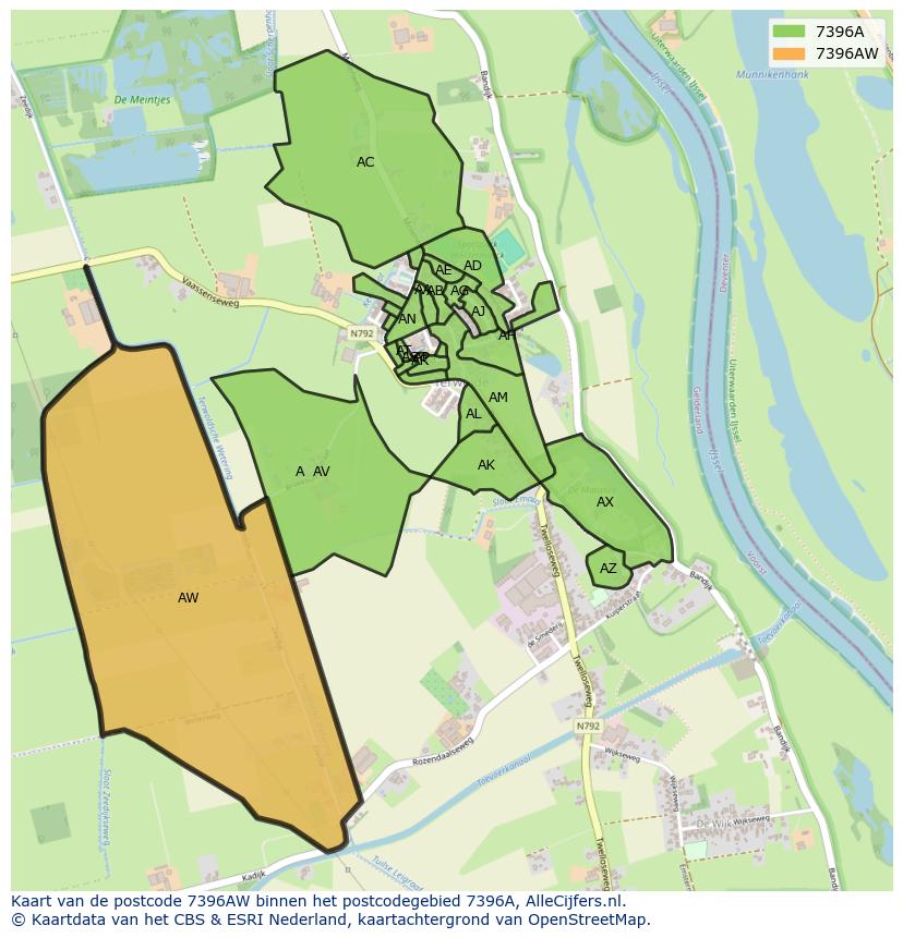 Afbeelding van het postcodegebied 7396 AW op de kaart.