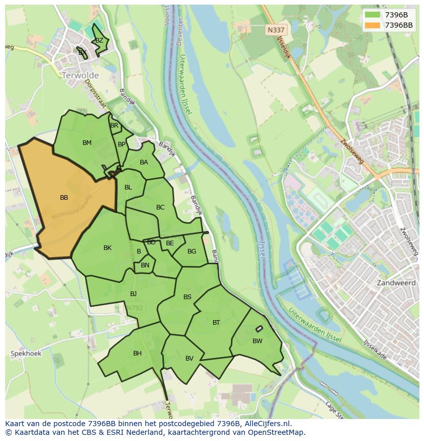 Afbeelding van het postcodegebied 7396 BB op de kaart.