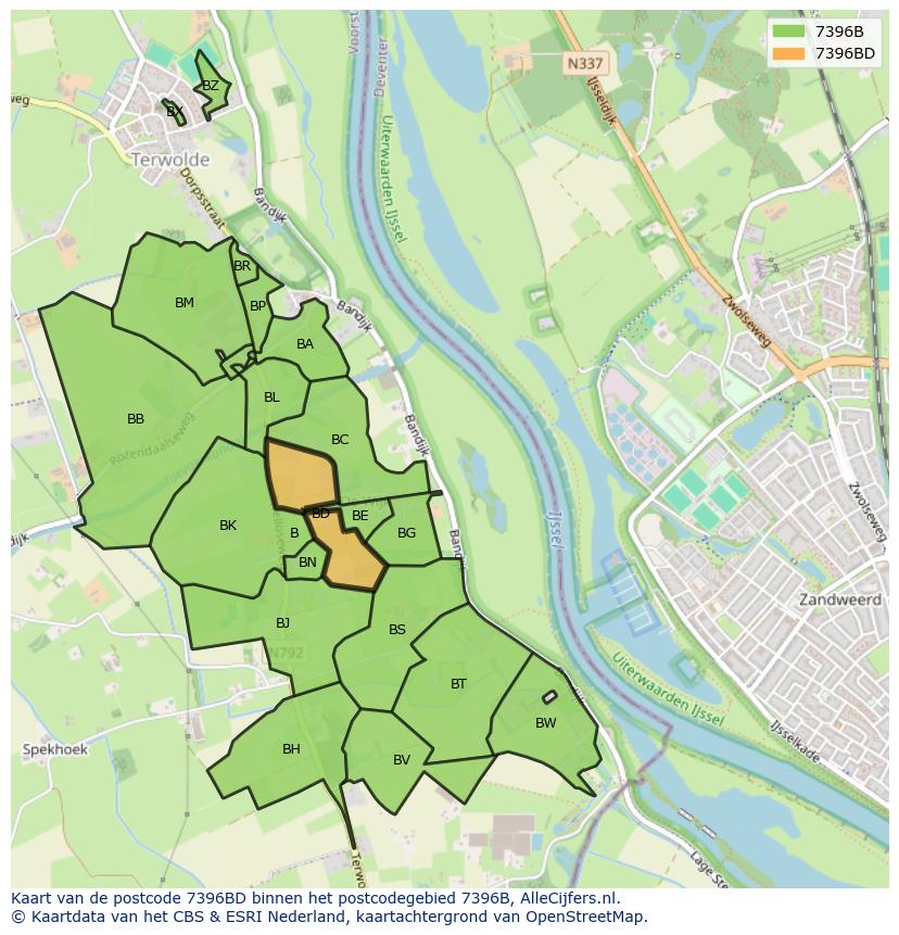 Afbeelding van het postcodegebied 7396 BD op de kaart.