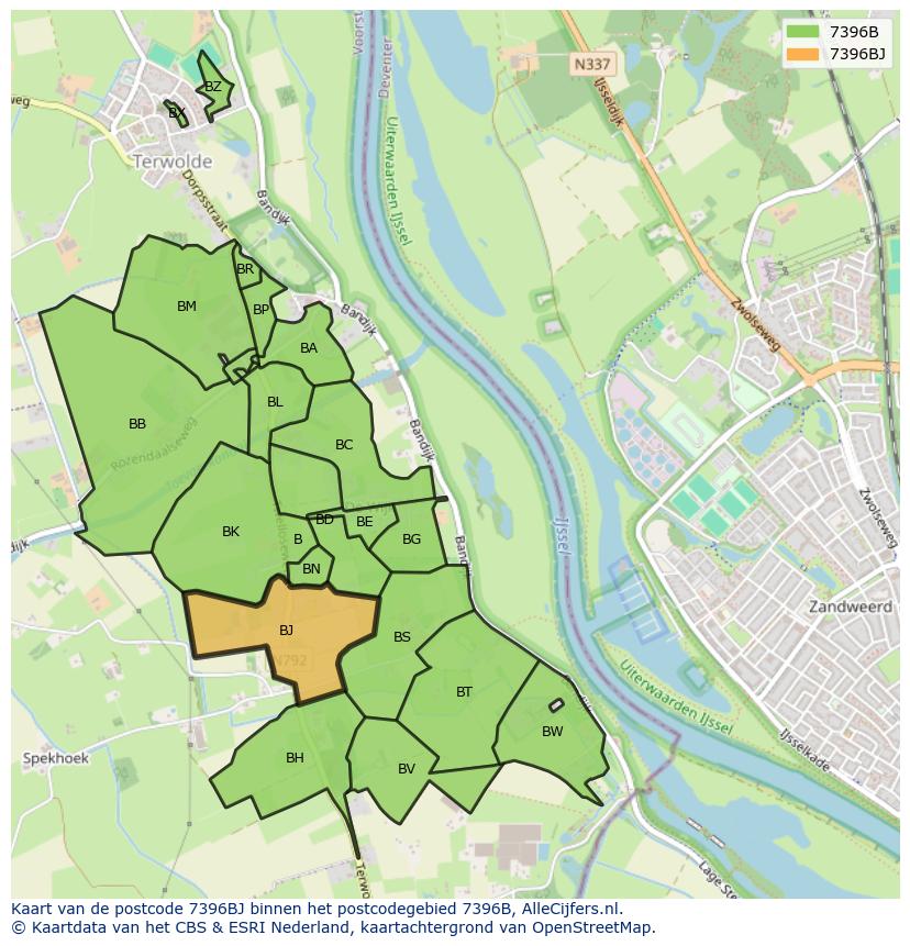 Afbeelding van het postcodegebied 7396 BJ op de kaart.