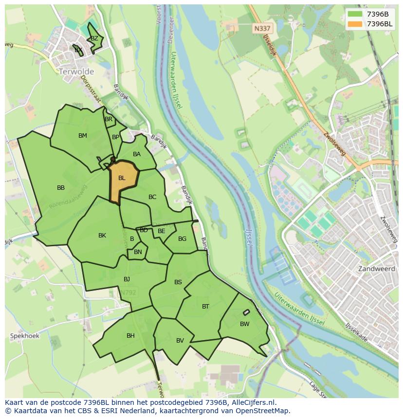 Afbeelding van het postcodegebied 7396 BL op de kaart.