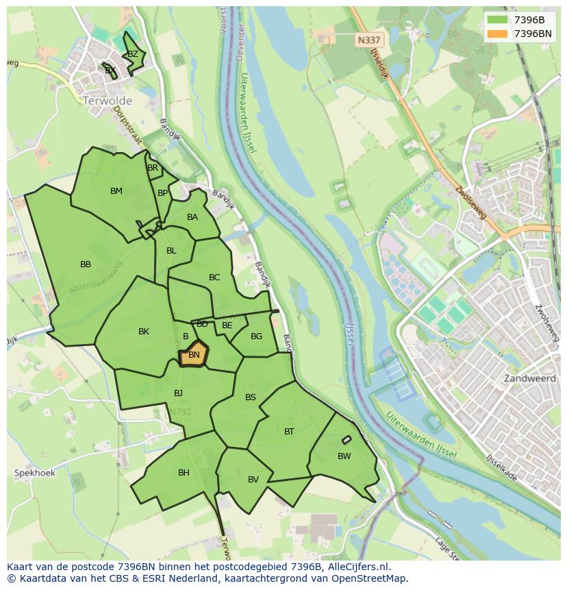 Afbeelding van het postcodegebied 7396 BN op de kaart.