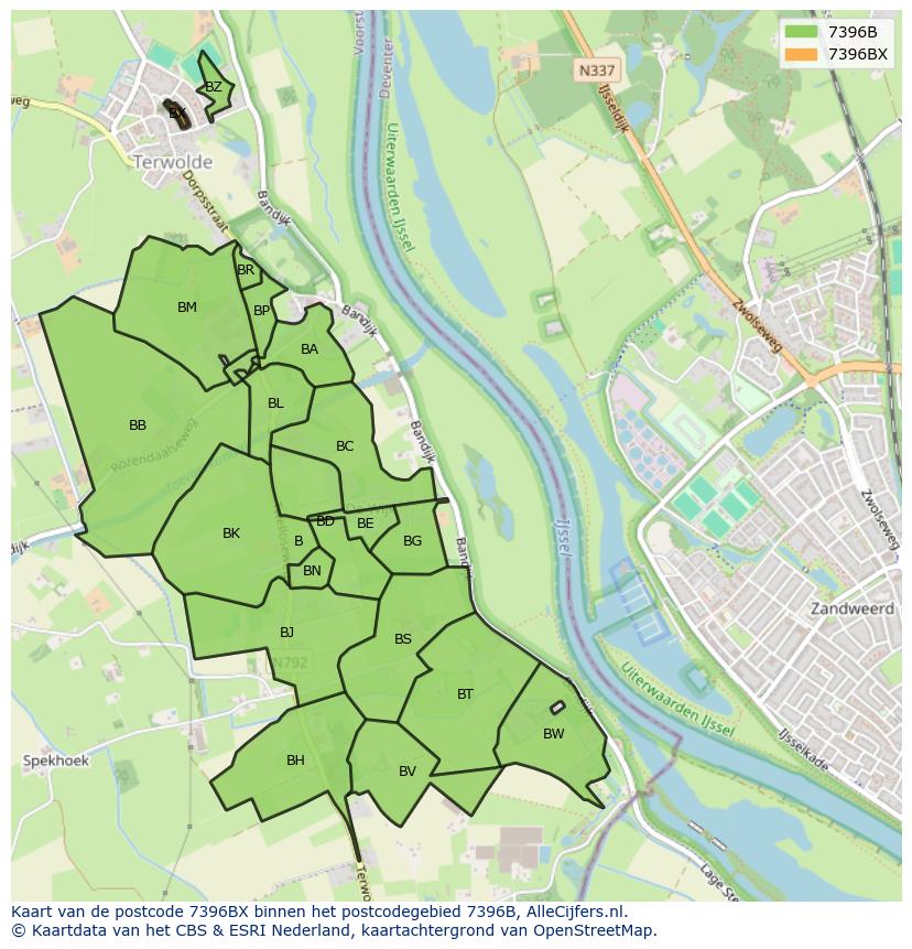 Afbeelding van het postcodegebied 7396 BX op de kaart.