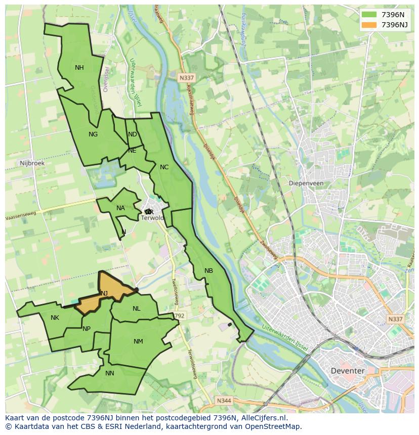 Afbeelding van het postcodegebied 7396 NJ op de kaart.