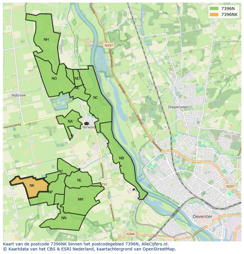 Afbeelding van het postcodegebied 7396 NK op de kaart.