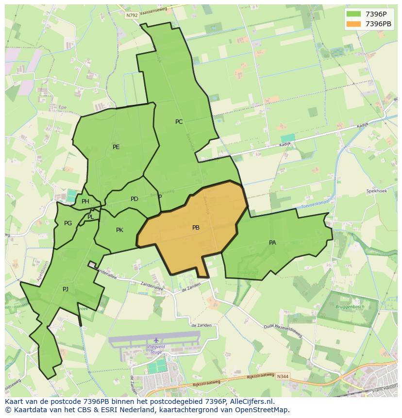 Afbeelding van het postcodegebied 7396 PB op de kaart.