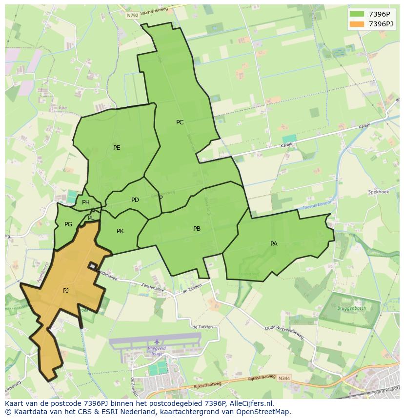 Afbeelding van het postcodegebied 7396 PJ op de kaart.