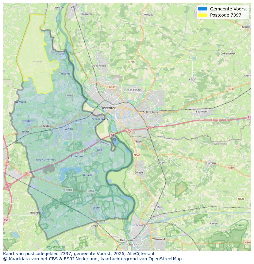 Afbeelding van het postcodegebied 7397 op de kaart.