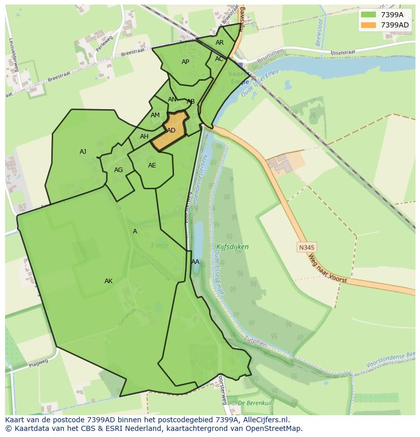 Afbeelding van het postcodegebied 7399 AD op de kaart.