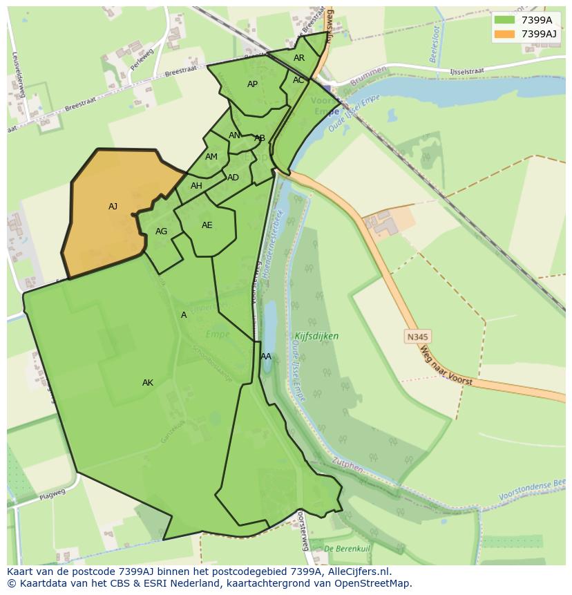Afbeelding van het postcodegebied 7399 AJ op de kaart.