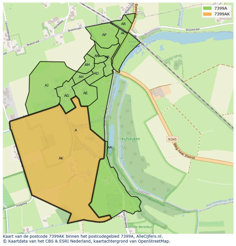 Afbeelding van het postcodegebied 7399 AK op de kaart.