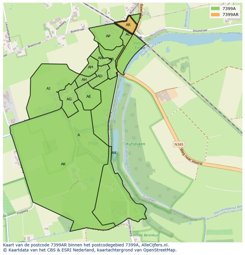 Afbeelding van het postcodegebied 7399 AR op de kaart.