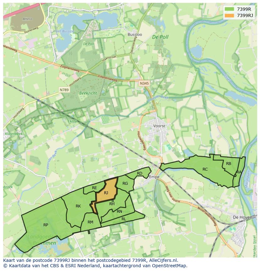 Afbeelding van het postcodegebied 7399 RJ op de kaart.