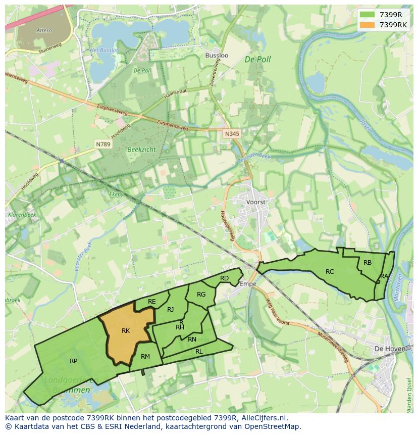 Afbeelding van het postcodegebied 7399 RK op de kaart.