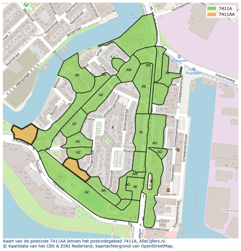 Afbeelding van het postcodegebied 7411 AA op de kaart.