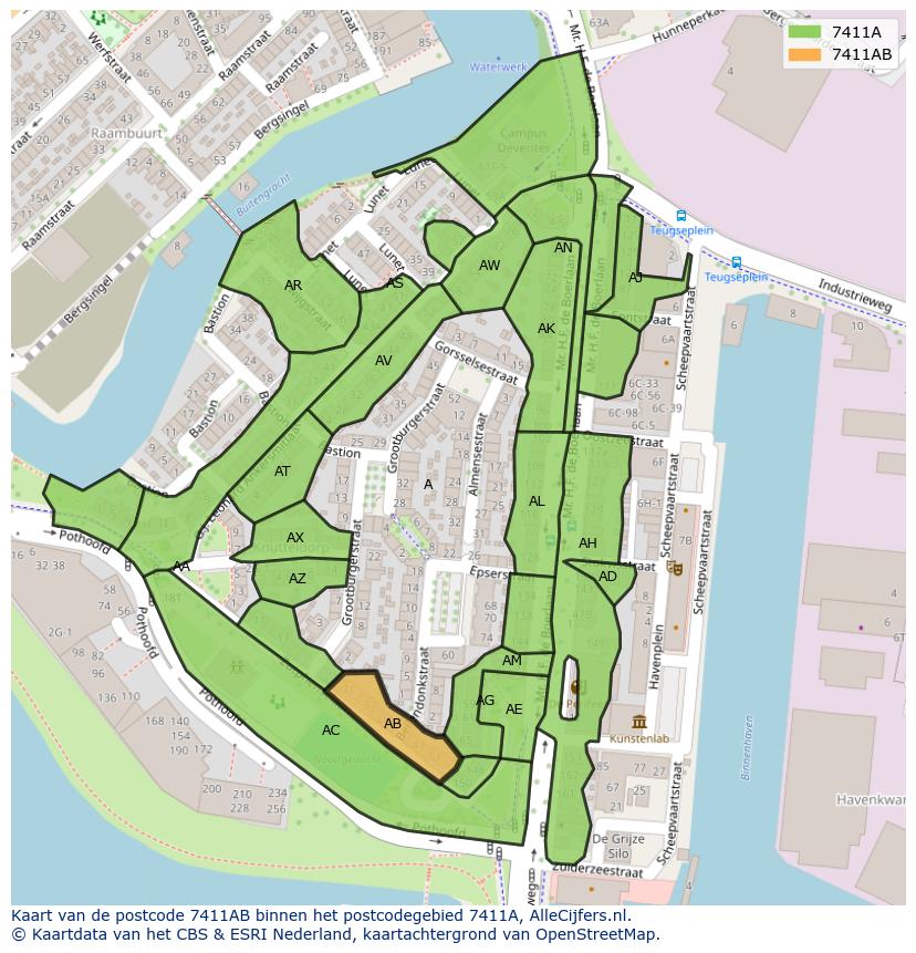 Afbeelding van het postcodegebied 7411 AB op de kaart.