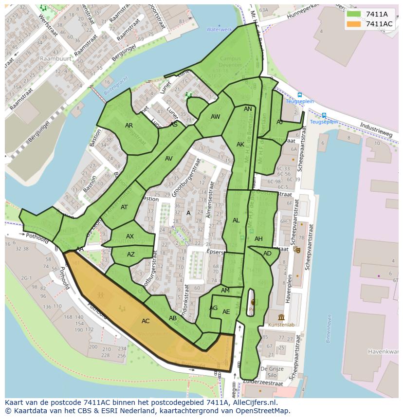 Afbeelding van het postcodegebied 7411 AC op de kaart.
