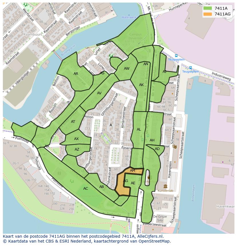 Afbeelding van het postcodegebied 7411 AG op de kaart.
