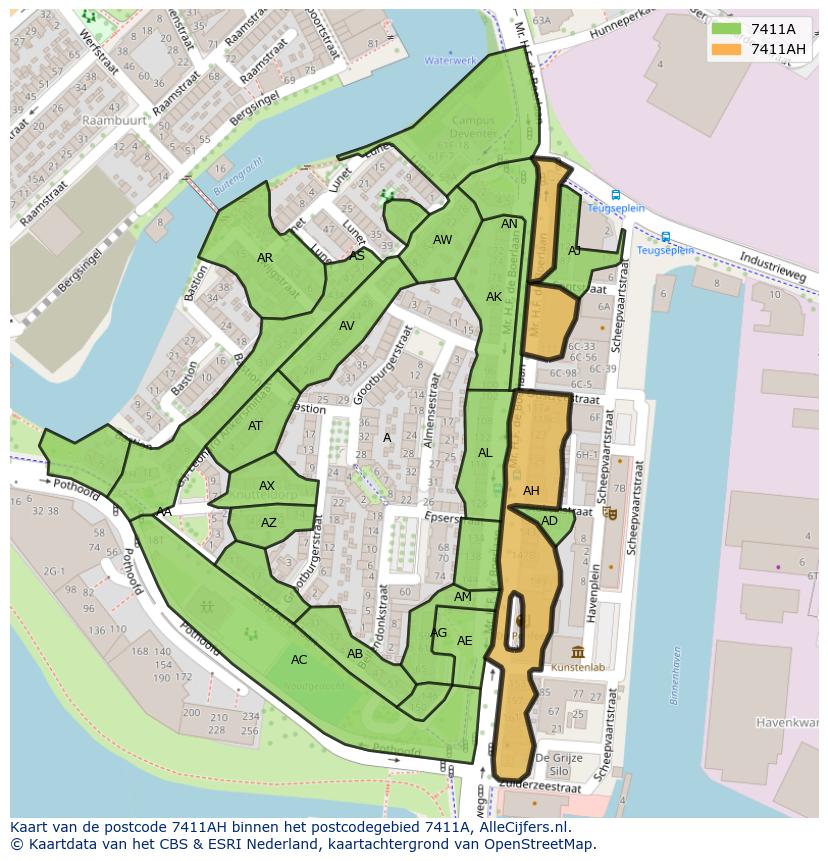 Afbeelding van het postcodegebied 7411 AH op de kaart.