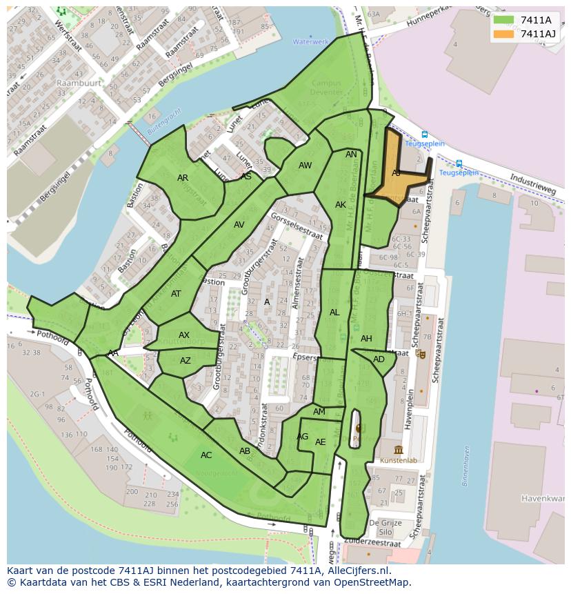 Afbeelding van het postcodegebied 7411 AJ op de kaart.