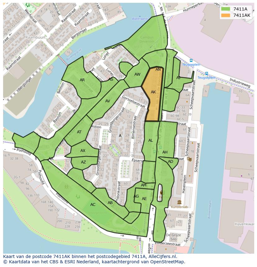 Afbeelding van het postcodegebied 7411 AK op de kaart.