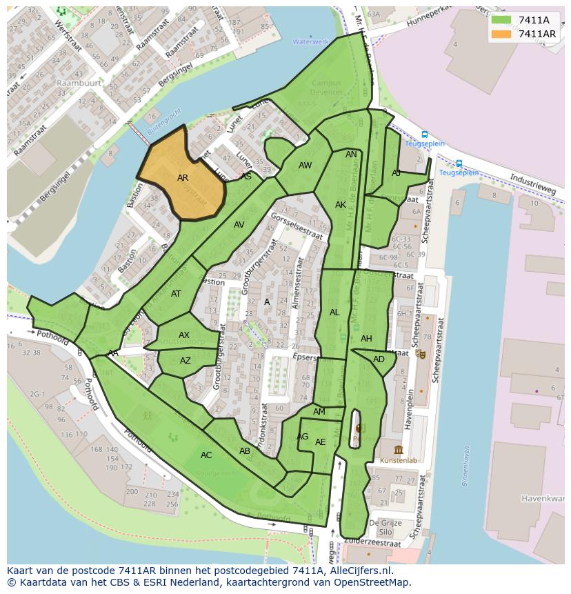 Afbeelding van het postcodegebied 7411 AR op de kaart.