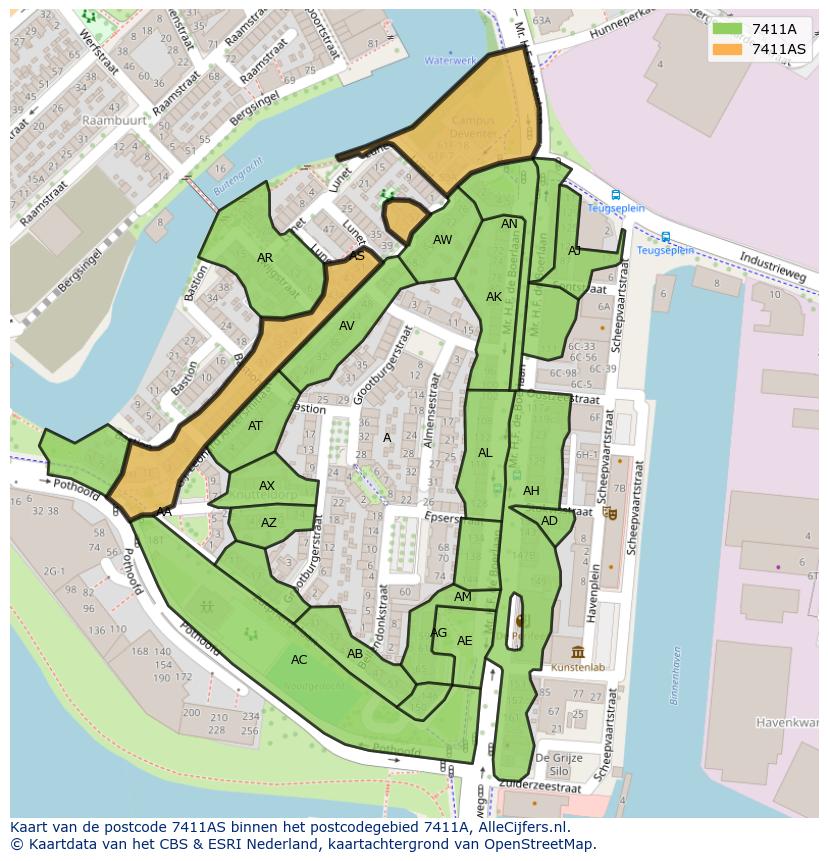 Afbeelding van het postcodegebied 7411 AS op de kaart.