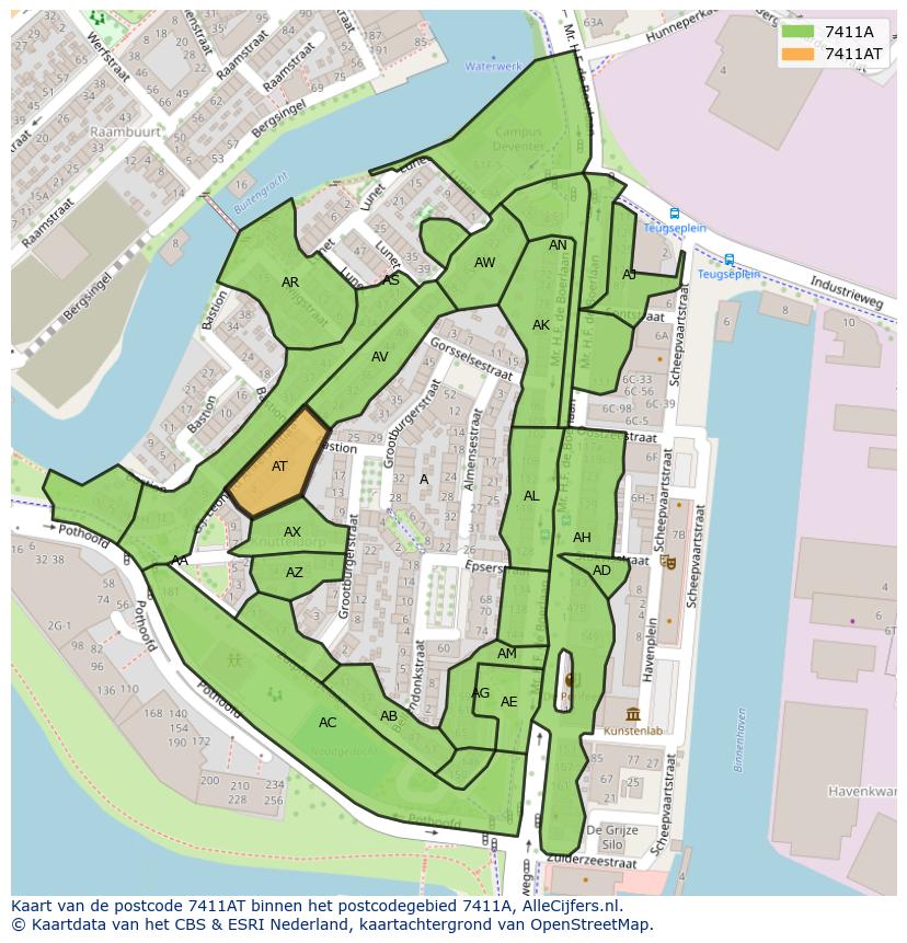 Afbeelding van het postcodegebied 7411 AT op de kaart.